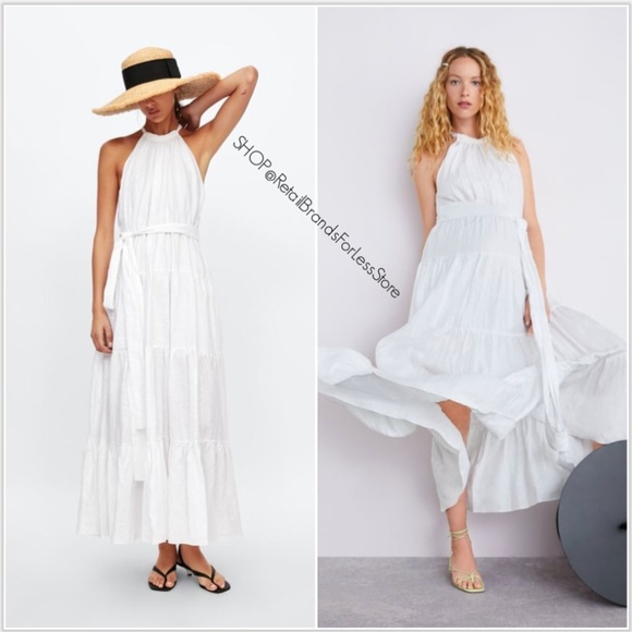 Zara Dresses & Skirts - ZARA WHITE 100% LINEN HALTER BELTED FULLY LINED MAXI DRESS